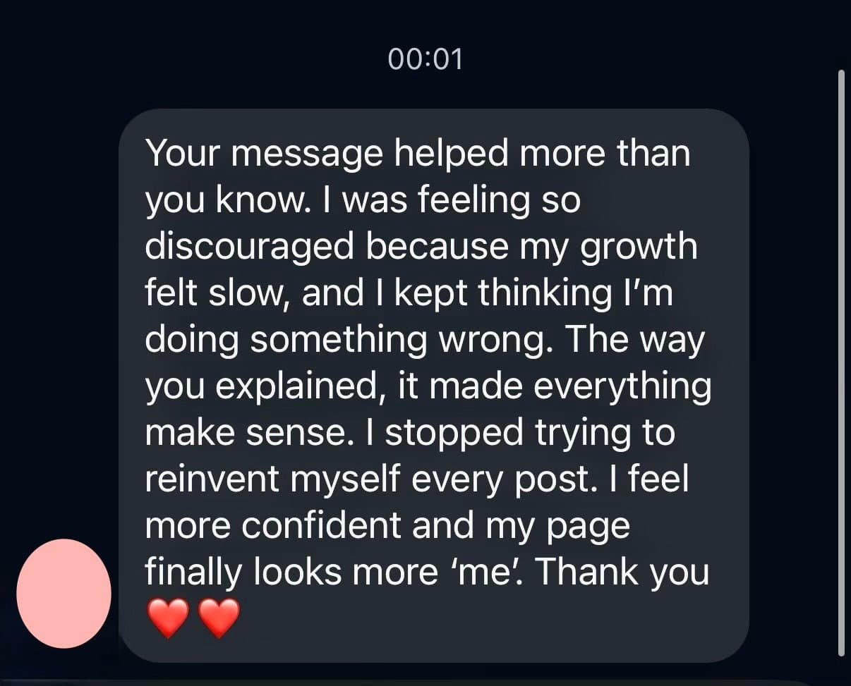 Instagram DM from a creator about stopping reinventing every post and feeling more confident