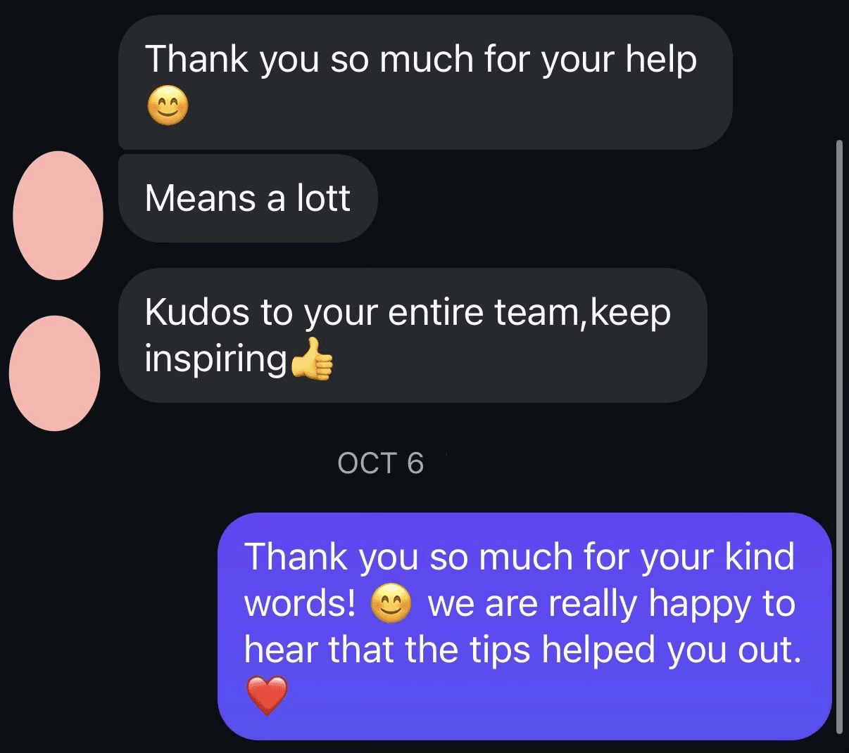 Instagram DM exchange showing thank you for your help and kudos to your entire team